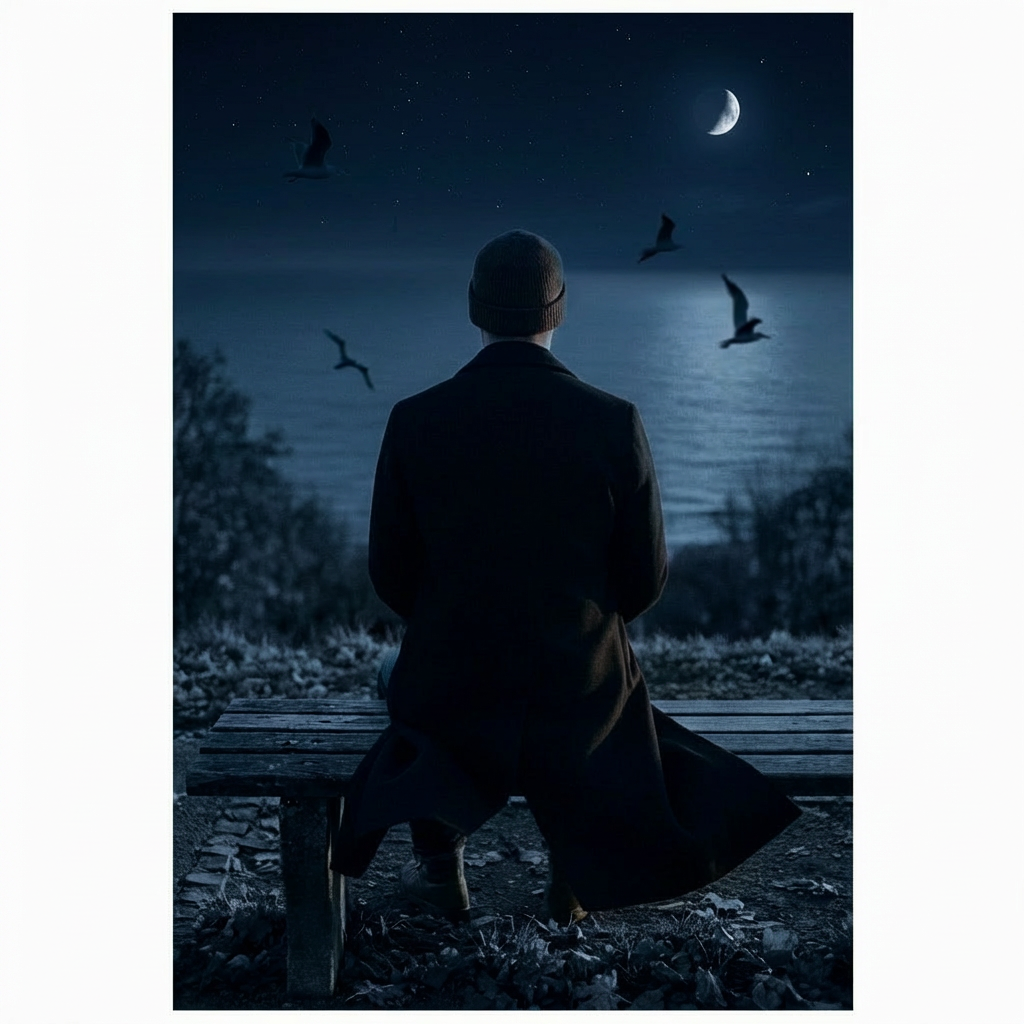 A man on a wooden bench overlooking a city skyline during sunset.